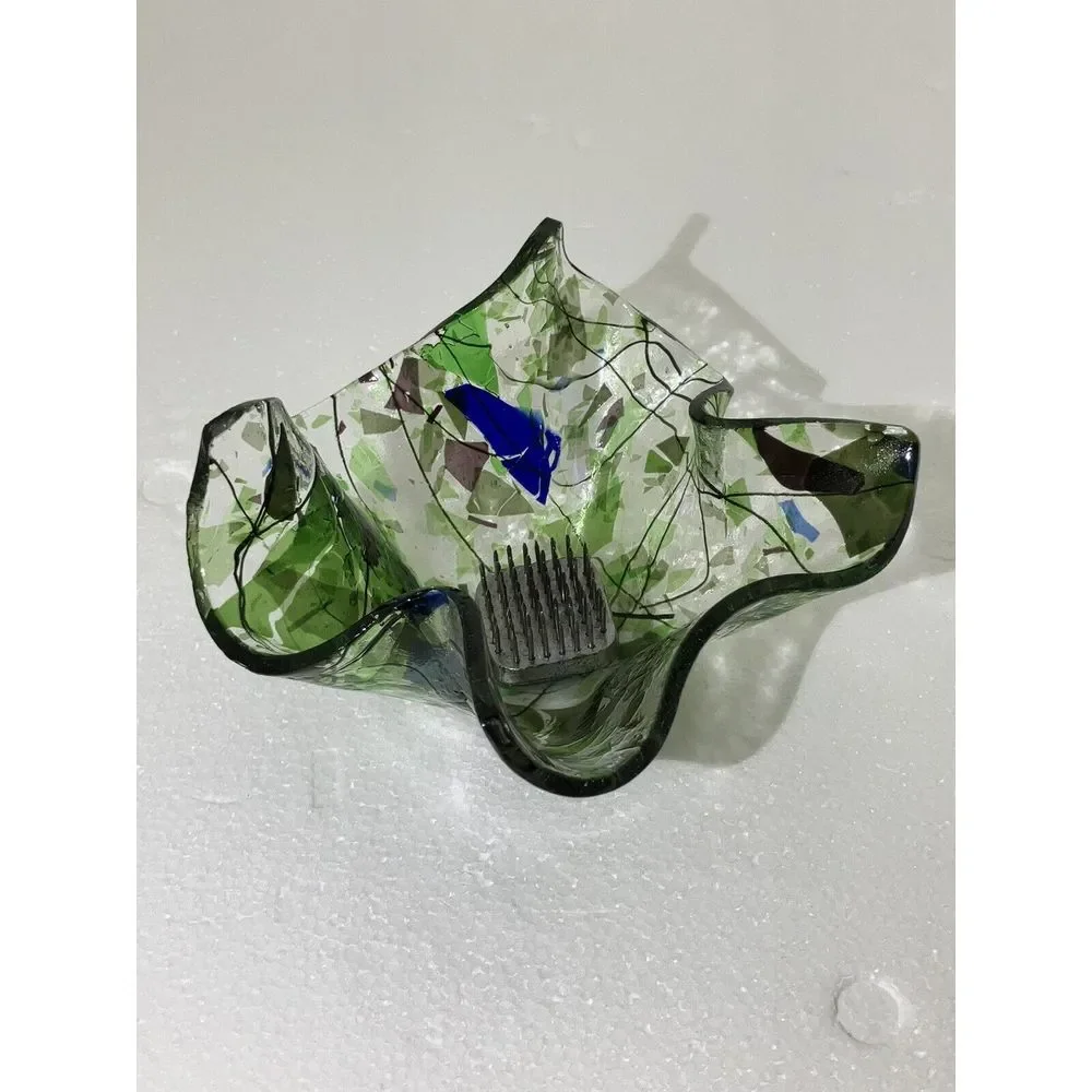 Folded  Hankerchif Clear W/ Blue‎ Green Glass / Votive Holder / With Flower Frog
